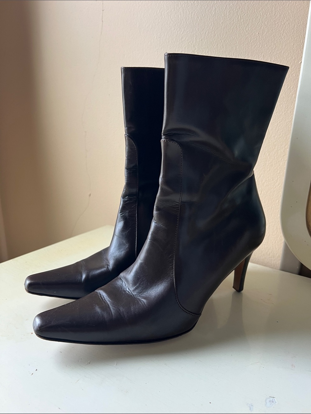 Vintage Cole Haan Leather Pointed-Toe Mid-Calf Heeled Boots